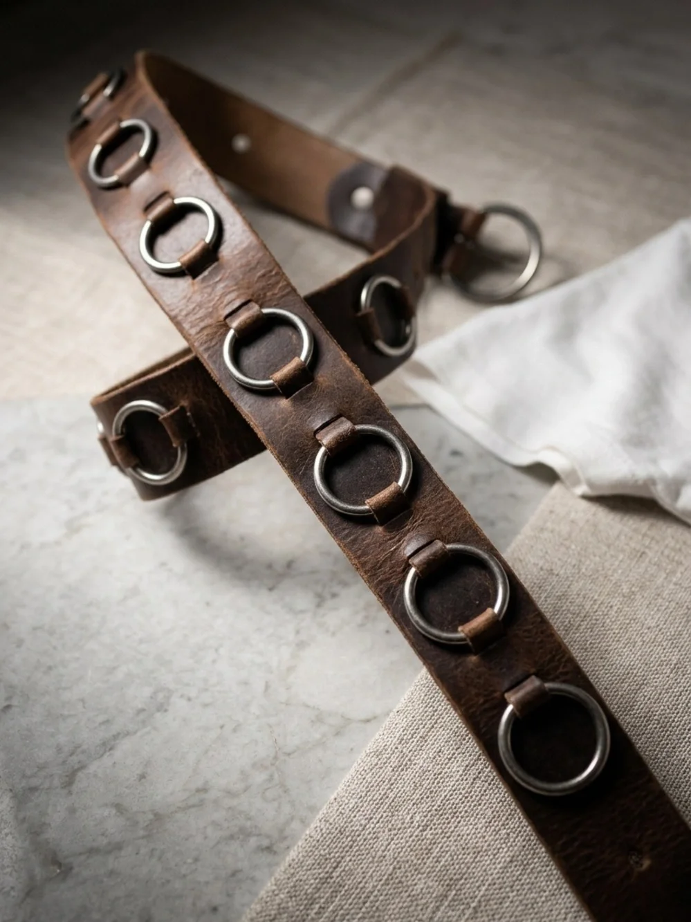 Vintage Distressed Brown Leather O-Ring Belt Genuine Leather